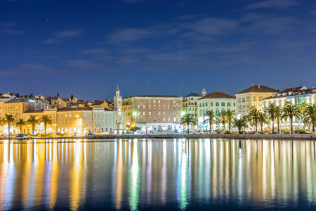 Cityscape of old traditional city Split, night scene.  Waterfront view at old, traditional city Split in Croatia. Cityscape photography during night, long exposure.の写真素材