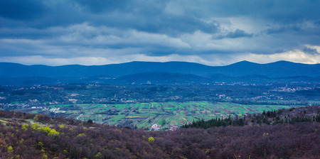 Panorama of countryside near small town Imotski few minutes before rain, Croatia.