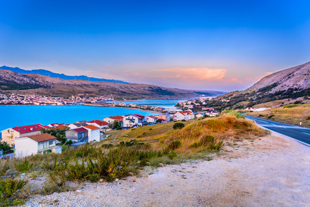 Aerial view at sunset over town Pag, touristic destination in Croatia, Europe.