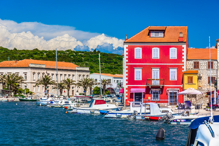 Seafront view at croatian coastline in town Stari Grad, Dalmatia region.の写真素材
