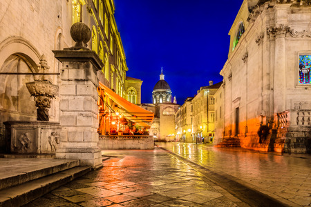 Night scenic view at Dubrovnik old streets in Croatia, Europe.の写真素材