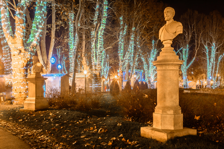 Night view at famous Zrinjevac Park in Croatia Zagreb town.の写真素材