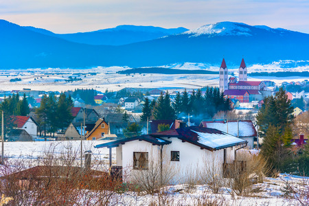 Scenic view at winter ski resort Kupres in European Alps, popular travel destination in Bosnia.の写真素材