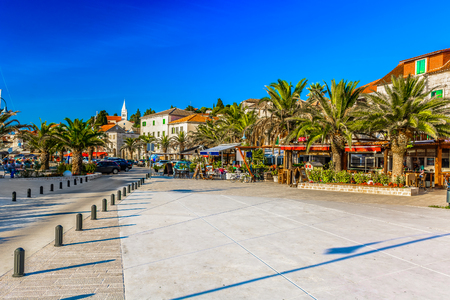 Scenic view at colorful promenade in city center of town rogoznica, popular summer tourist resort on Adriatic Coast, Croatia.の写真素材