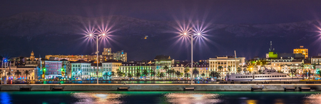 Night panorama of old town Split in Craotia, coastal view.の写真素材