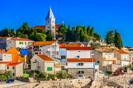 Scenic view at old medieval town Primosten in Croatia, summer travel destinations.の写真素材