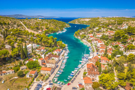 A drone view of BoboviÅ¡Ä‡a na Moru on BraÄ Island, Croatia, showcasing its picturesque bay...