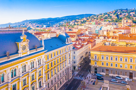 A detailed aerial view of old palace in Trieste, Italy, surrounded by elegant urban architecture and forming part of the historic and vibrant cityscape along the Adriatic coastの写真素材