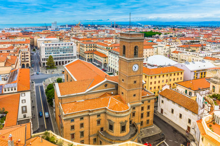 Aerial view of Livorno town in Italy, featuring colorful historic buildings, urban streets, and Mediterranean charm, blending cultural landmarks with a lively coastal atmosphereの写真素材