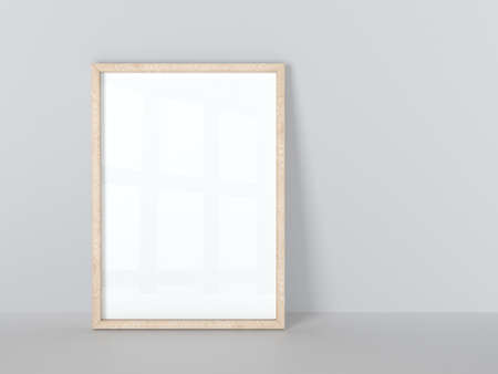 Wooden frame isolated on gray wall. 3d illustration.