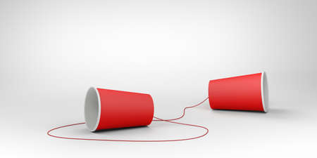 Red paper cups and non-stretchable string. Speech-transmitting device. 3d illustration.の写真素材