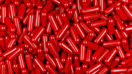 Red pills. Multiple objects. Gelatin Capsules. 3d illustration.の写真素材