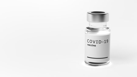 Vaccine against coronavirus. COVID-19 vaccine in phial isolated on white. 3d illustration.の写真素材