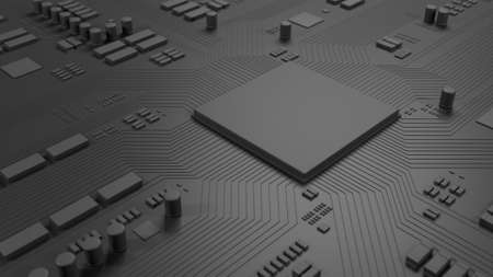 Dark gray chip on circuit board. Computer motherboard with CPU. Technology background. 3d...