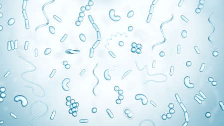Different types of bacteria on a light background. Shapes. Blue color. 3d illustration.