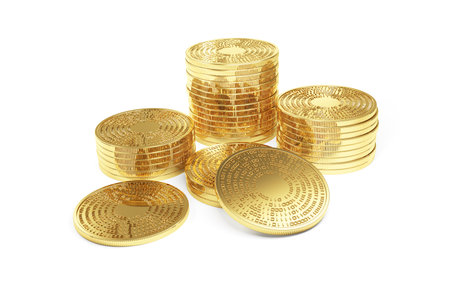 Cryptocurrency. Gold coins isolated on white background. Digital currency concept. 3d illustration....