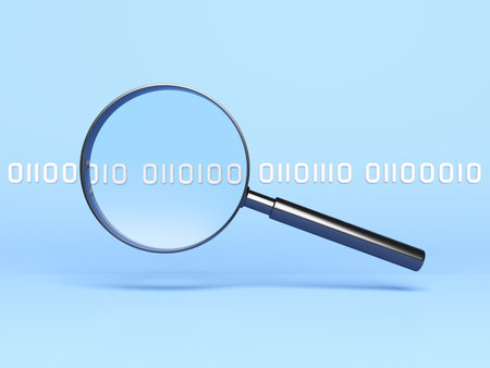 Binary code and magnifier. Blue color. Searching. 3d illustration.の写真素材