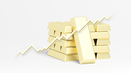 Gold bars isolated on white background. Trading chart. Gold price. Growth. 3d illustration.の写真素材