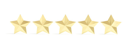 Five gold stars isolated on white background. 3d illustration.