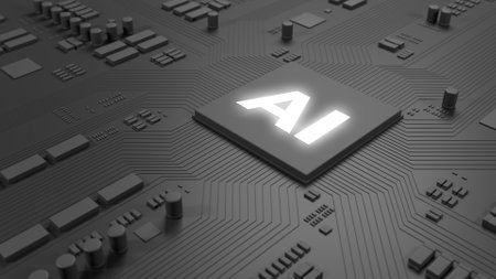 AI chip. Dark gray chip on circuit board. Technology background. Artificial intelligence. 3d...