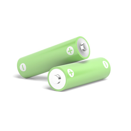 Two AA batteries isolated on white background. Green color. 3d illustration.の写真素材