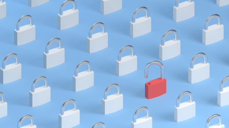 Padlocks on blue background. One open. Orthographic. 3d illustration.の写真素材