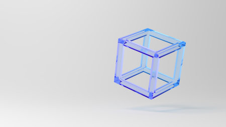 Abstract hollow cube. Glassmorphism. Blue and violet. Translucent. Copy space. 3d illustration.の写真素材