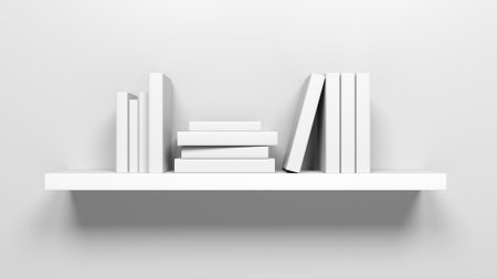 Wall shelf with white blank books. Mockup. 3d illustration.の写真素材