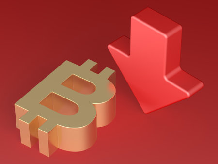 Bitcoin crash. Arrow pointing down. Red background. 3d illustration.の写真素材