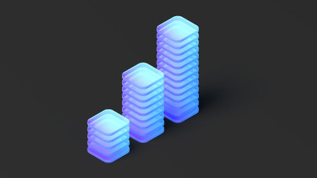 Abstract column chart. Solid and translucent. Black and blue color. Glassmorphism. Copy space. Graph. 3d illustration.の写真素材