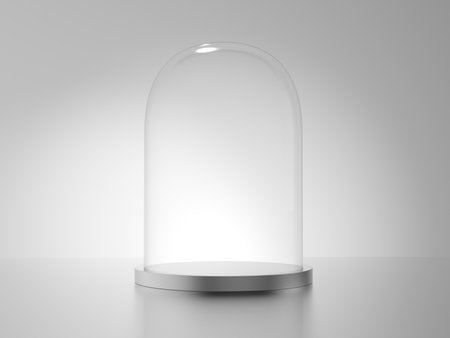 Empty glass dome with metal base isolated on gray background. Cloche. 3d illustration.の写真素材
