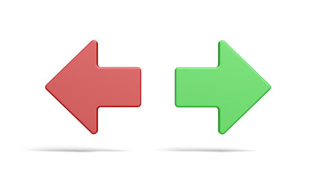 Left and right arrow isolated on white background. Opposite directions. Red and green. 3d illustration.の写真素材