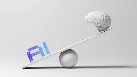 Balance. AI text and brain isolated on gray background. Artificial intelligence. Blue and violet...