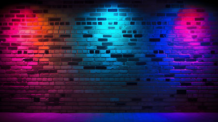 Colorful neon lights on the brick wall background. 3D Renderingの写真素材