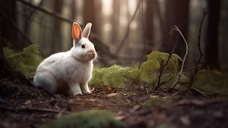 Cute white rabbit sitting on the ground in the forest. Easter concept.の写真素材