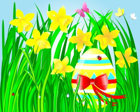 Easter egg with a bow in the green grass with beautiful daffodils and butterflies, ladybugs and a drop of dew illustration のイラスト素材