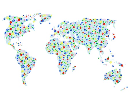 Cute map of the world of flowers and butterflies illustration のイラスト素材