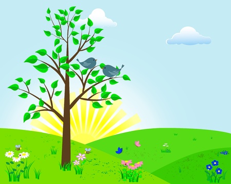 Birds on a tree against the morning sun, a lawn with flowers, butterflies and a ladybird  のイラスト素材