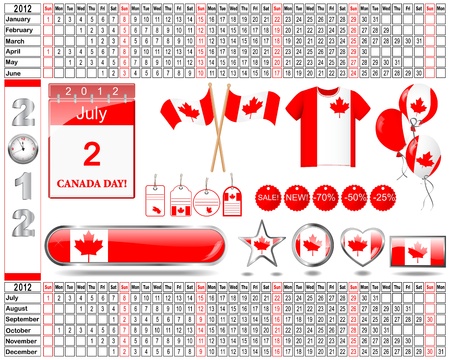 Calendar of 2012 with set of icons and buttons for holiday Canada National Dayのイラスト素材