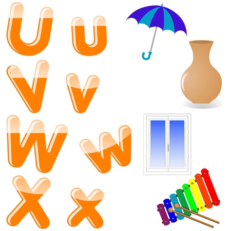 The English alphabet with funny pictures. letters U, V, W, X. Vector. 10 EPS.のイラスト素材