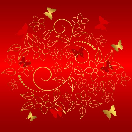 Red background with gold floral and butterflies. のイラスト素材