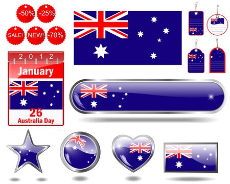 Australia day website icons. (flag, calendar icon, web buttons, sticker sale, tag, label) のイラスト素材