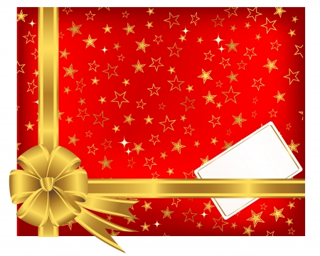 Golden ribbon with a bow and greeting card on a red background with stars.のイラスト素材