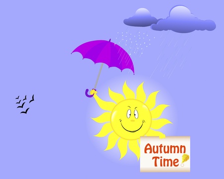 Autumn time. Smiling sun with placard and umbrella. Vector illustration.のイラスト素材