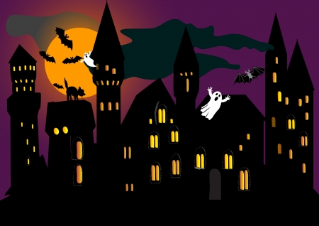 illustration for Halloween holiday with old castle, bat, spook and cat. vector.のイラスト素材