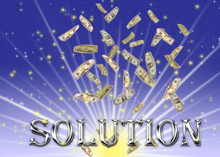 Metallic solution text. background of falling dollars and sparkling stars.の写真素材