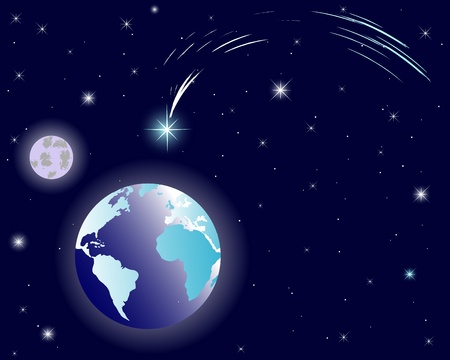 The shining Star of Bethlehem on night sky with earth and moon.のイラスト素材