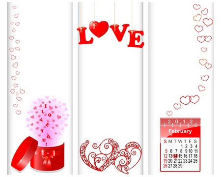 	Valentine s day banners with a ornate elements  gift, openwork hearts, icon calendar, word love   illustration のイラスト素材