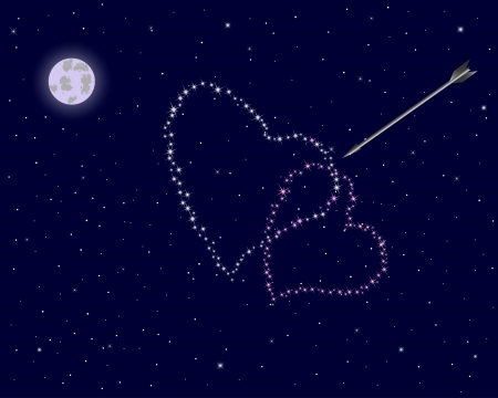 Valentine s day  The night sky with two hearts of stars and an arrow   illustration のイラスト素材