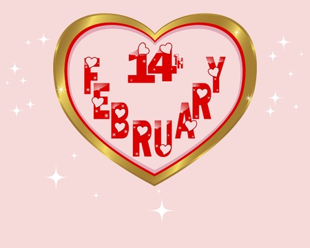 Gold frame in the shape of heart with date on February, 14thのイラスト素材